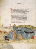 Porto di Pozzuoli. Bagno del Cantarello. Miniatura (Codice di Edinburgo, F.3v.) con paesaggio del Golfo di Pozzuoli. 