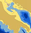 Ricostruzione paleogeografica durante l'ultimo picco glaciale (circa 22.000 anni fa - modificato da: CLIMEX Maps of Italy, 2004)